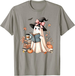 Cute Ghost Reading Book Librarian Book Lover T-Shirt - T-Shirt | Sand