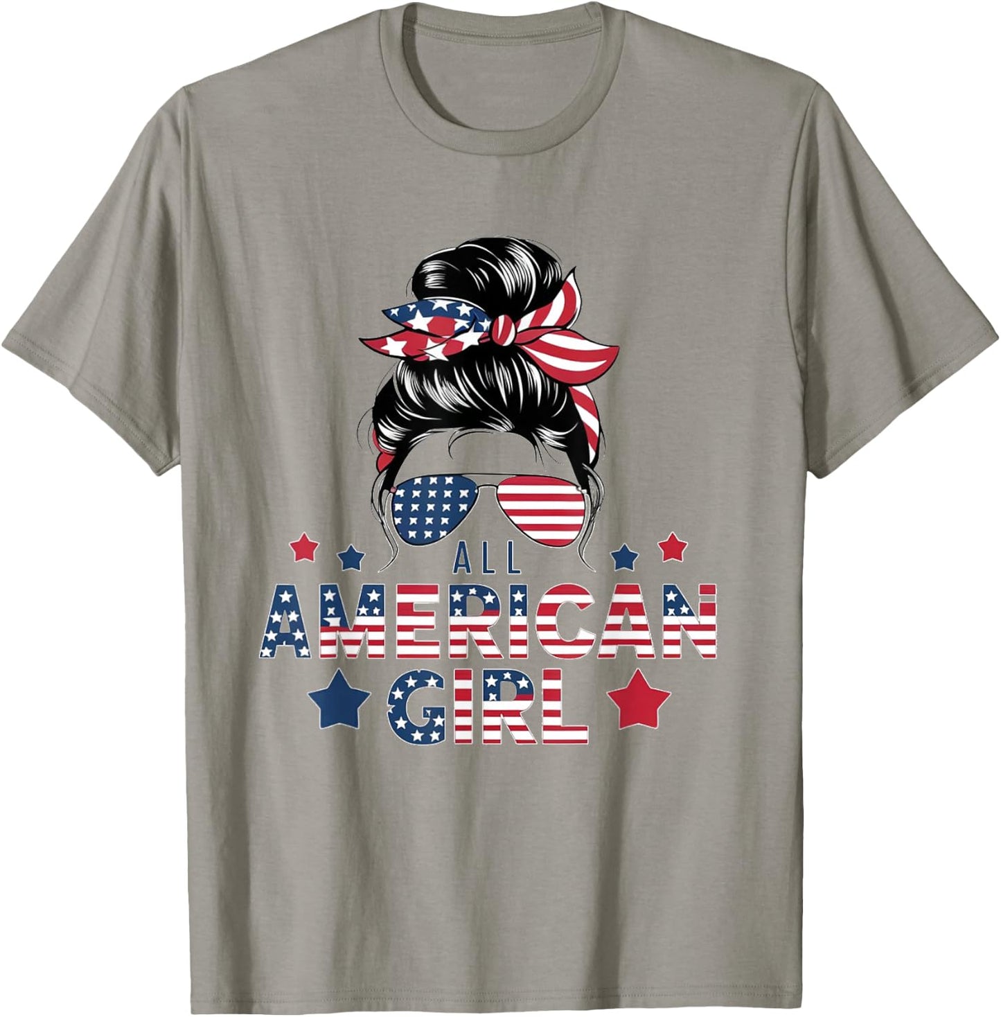 4th of July All American Girls Messy Bun Women USA Flag T-Shirt - T-Shirt | Sand