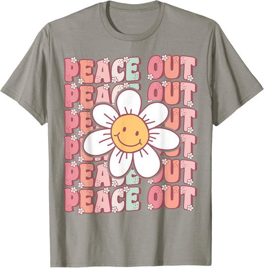 Peace Out Teacher Student Cute Groovy Last Day of School Men Women Kids T-Shirt - T-Shirt | Sand