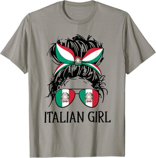Italy Flag Coat of Arm Italian Girl Messy Bun Hair Women T-Shirt - T-Shirt | Sand