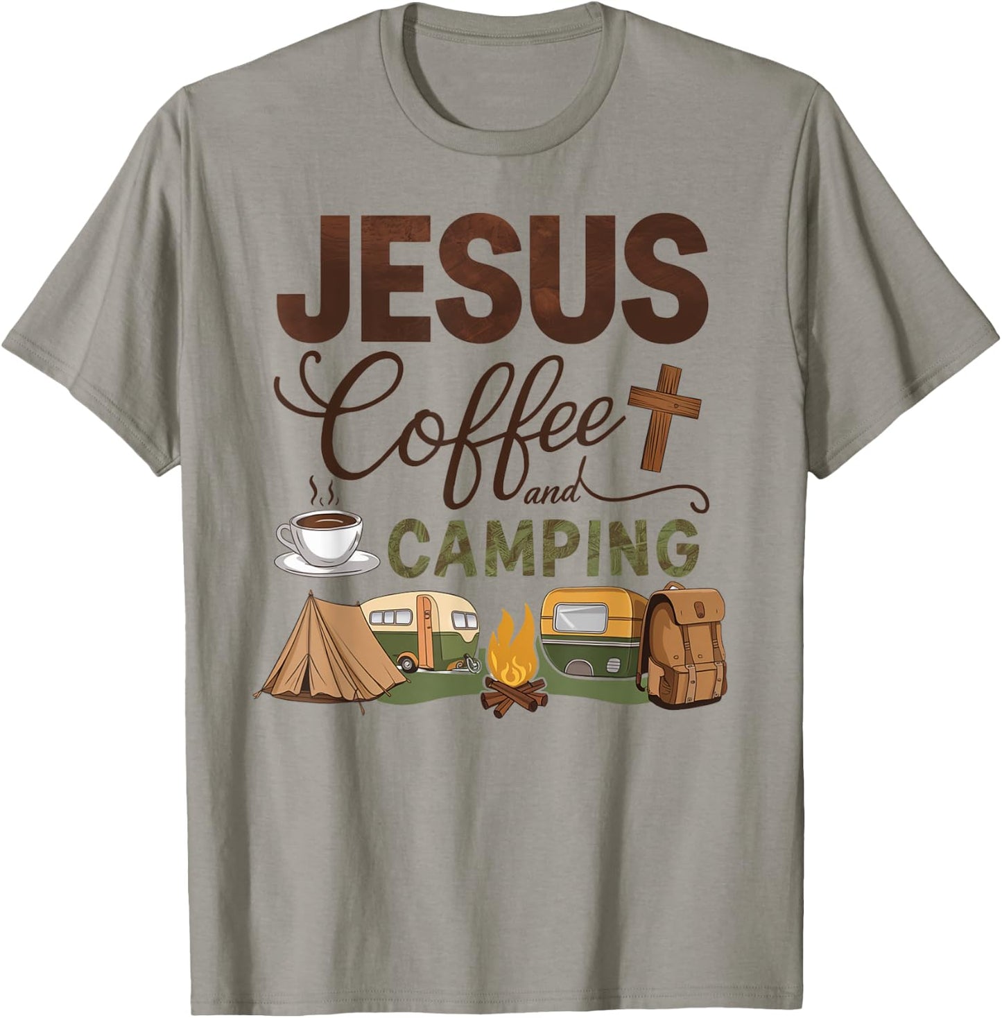 Jesus Coffee And Camping T-Shirt - T-Shirt | Sand