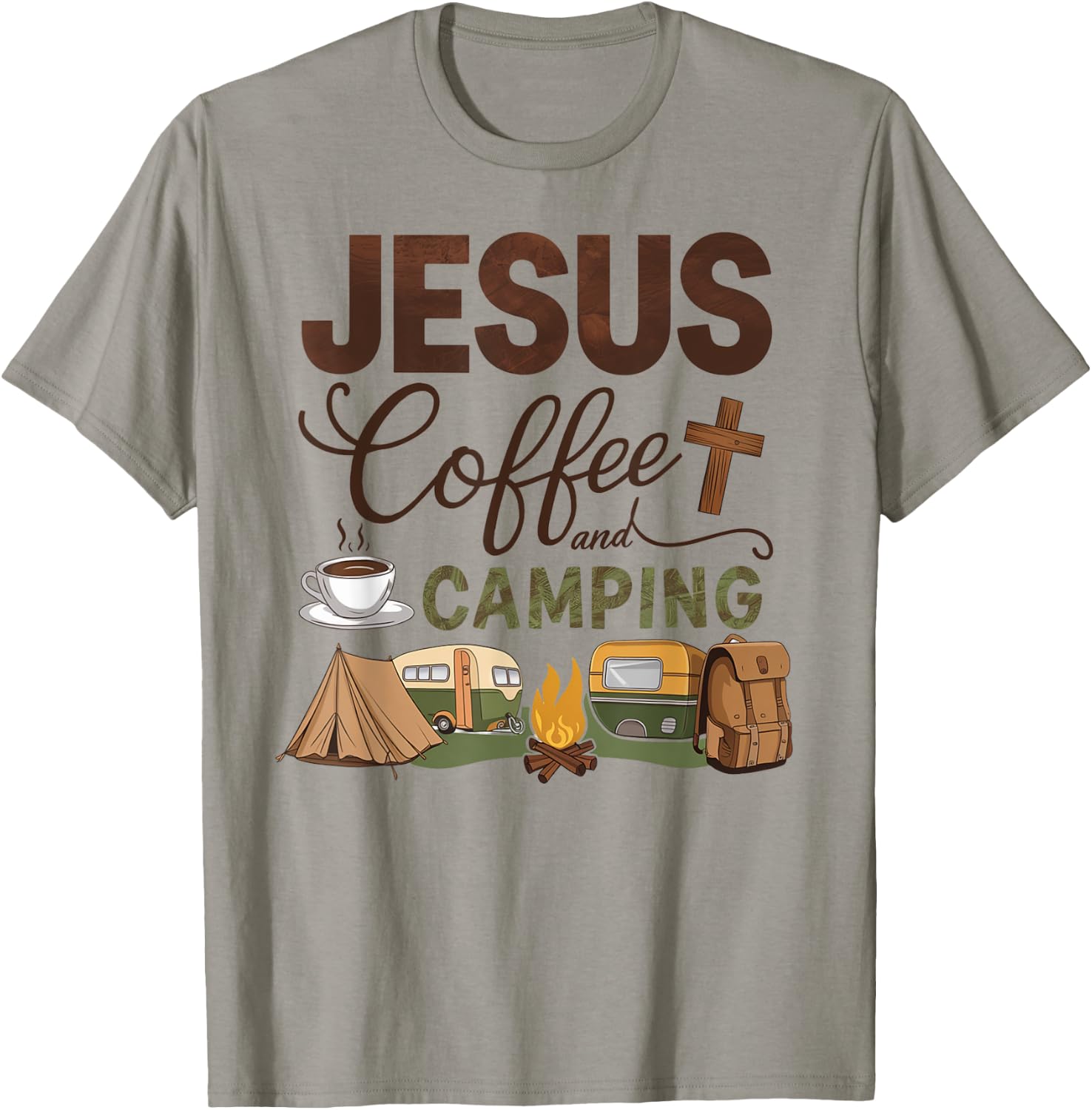 Jesus Coffee And Camping T-Shirt - T-Shirt | Sand