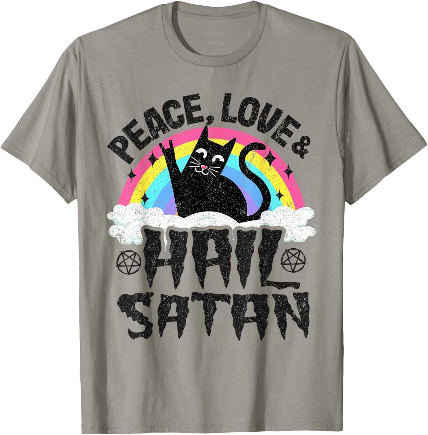 Peace Love & Hail Satan Cat Kids Punk Band Metal Rainbow T-Shirt - T-Shirt | Sand