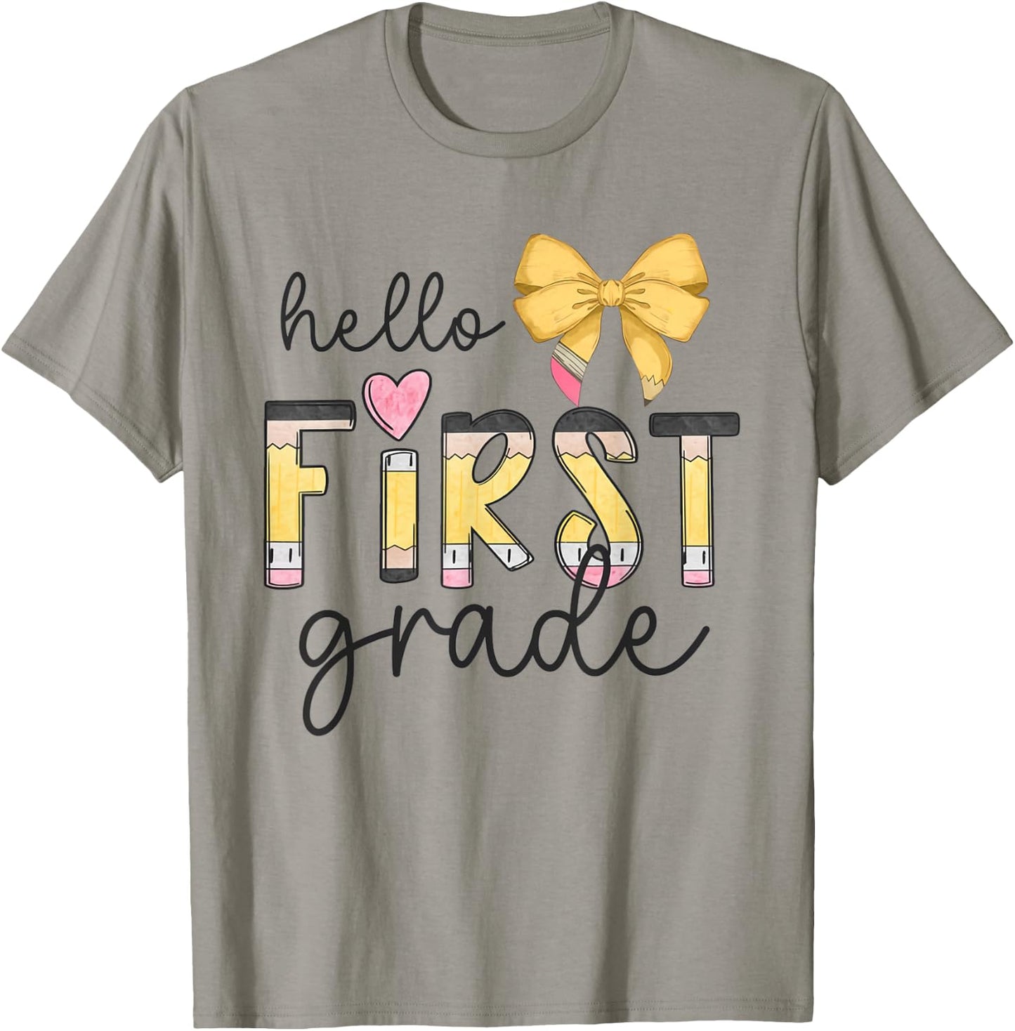Hello First Grade Teacher Coquette Pencil Bow Back To School Women Girls Kids T-Shirt - T-Shirt | Sand