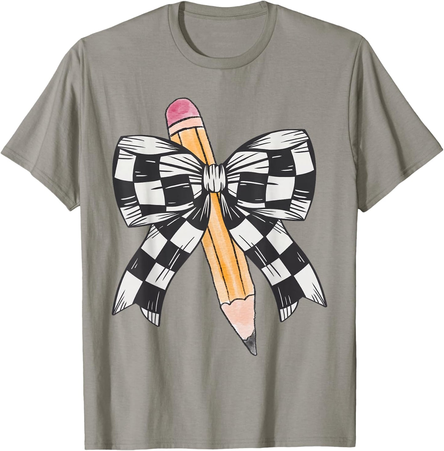 Back To School Day Checkerboard Coquette Bow Pencil Motivate T-Shirt - T-Shirt | Sand