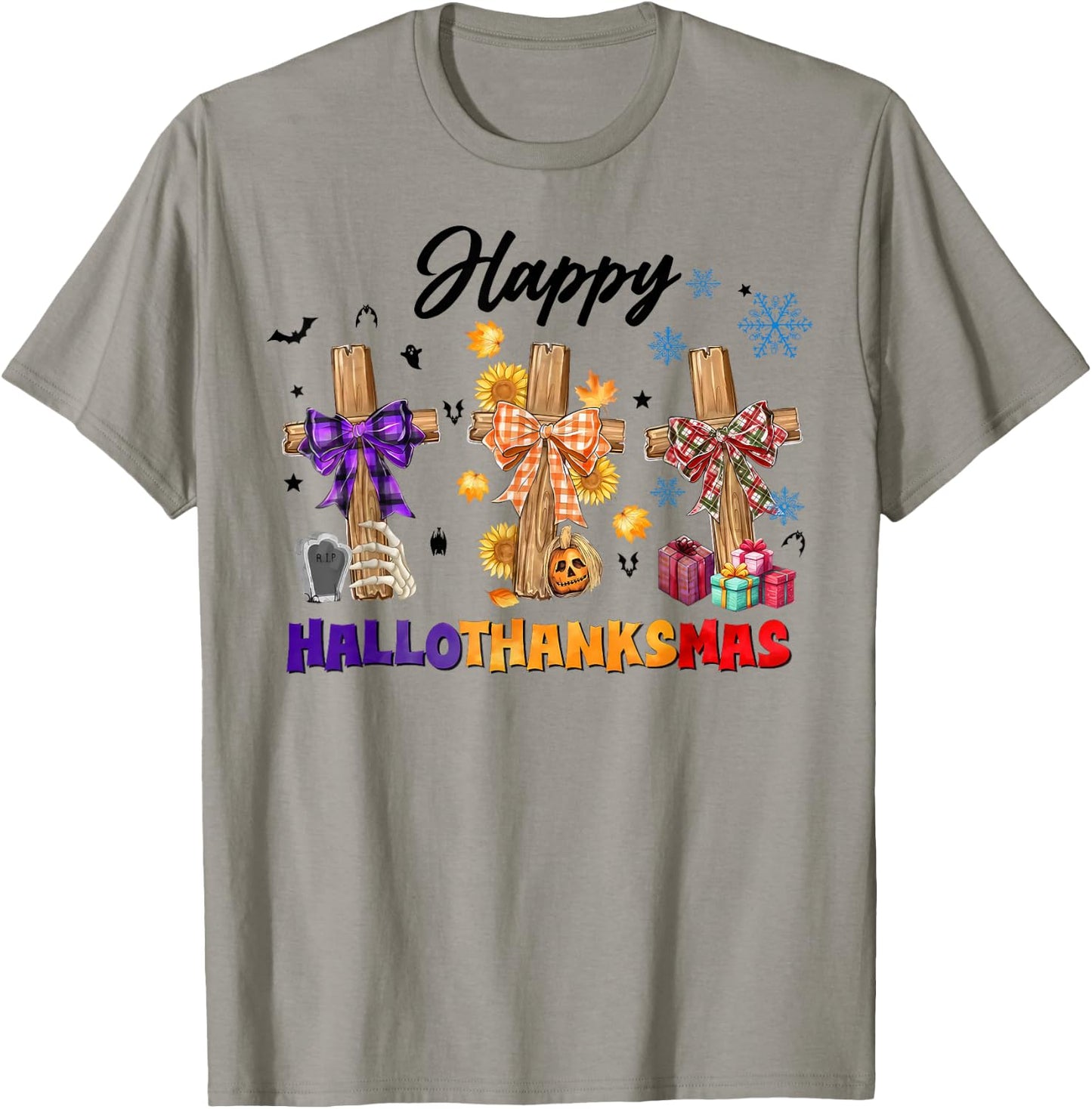 Happy Hallothanksmas Coquette Bow Cross Christian Jesus T-Shirt - T-Shirt | Sand