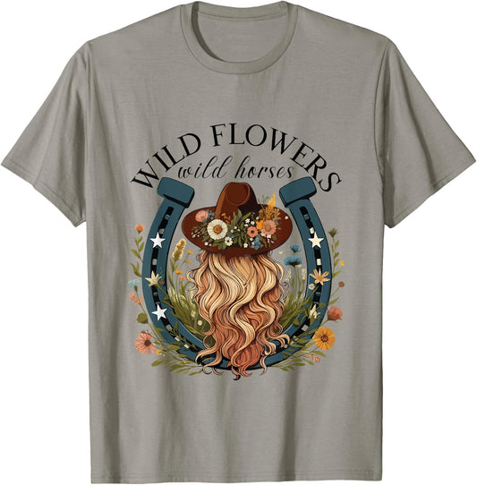 Wildflowers Wild Horses Western Boho Country Music T-Shirt - T-Shirt | Sand