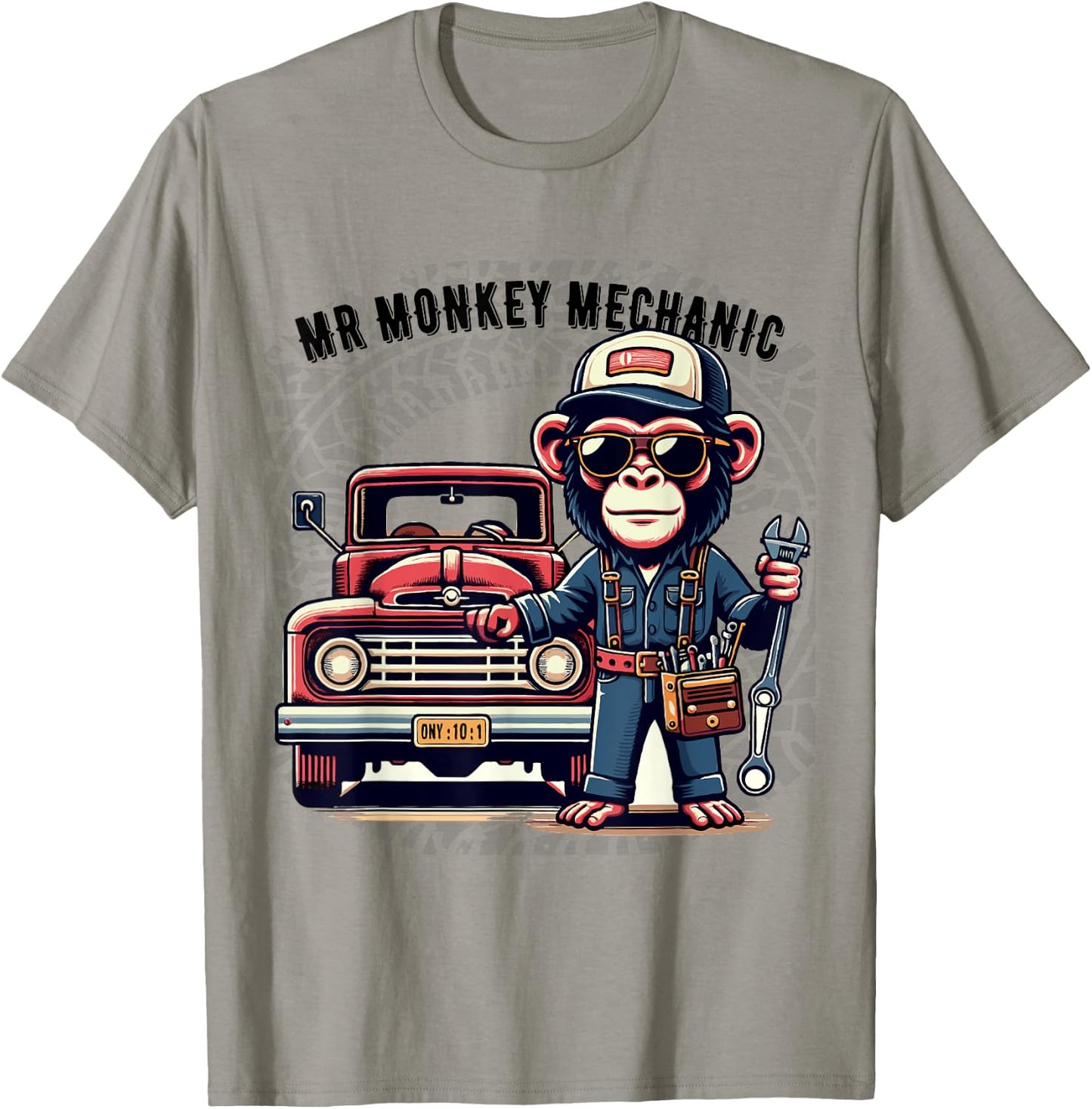 Mr Cute Monkey Mechanic Sunglasses Working on Vintage Truck T-Shirt - T-Shirt | Sand