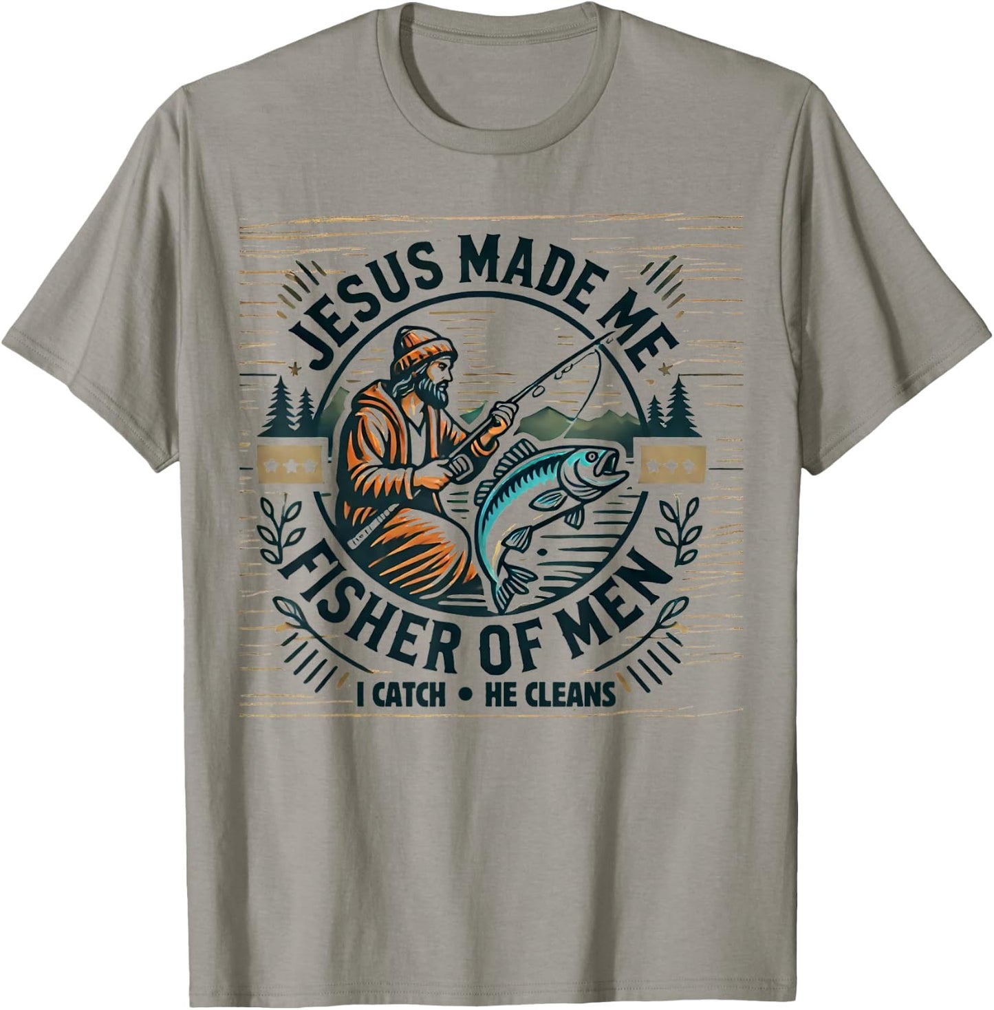 Jesus Made Me A Fisher Of Man Bible Verse Religious Fishing T-Shirt - T-Shirt | Sand