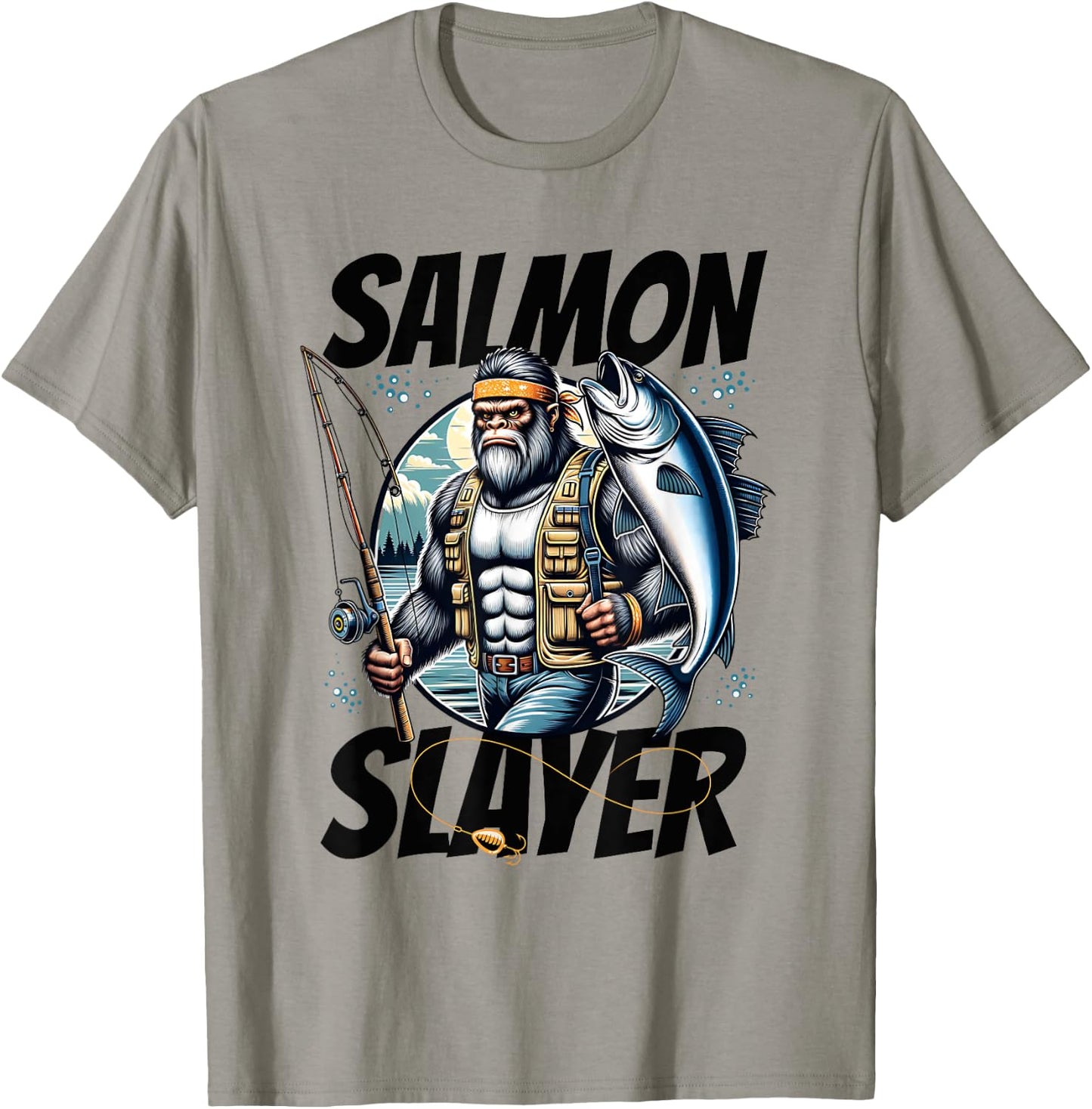 Salmon Slayer Funny Bigfoot Fishing Salmon Fish T-Shirt - T-Shirt | Sand
