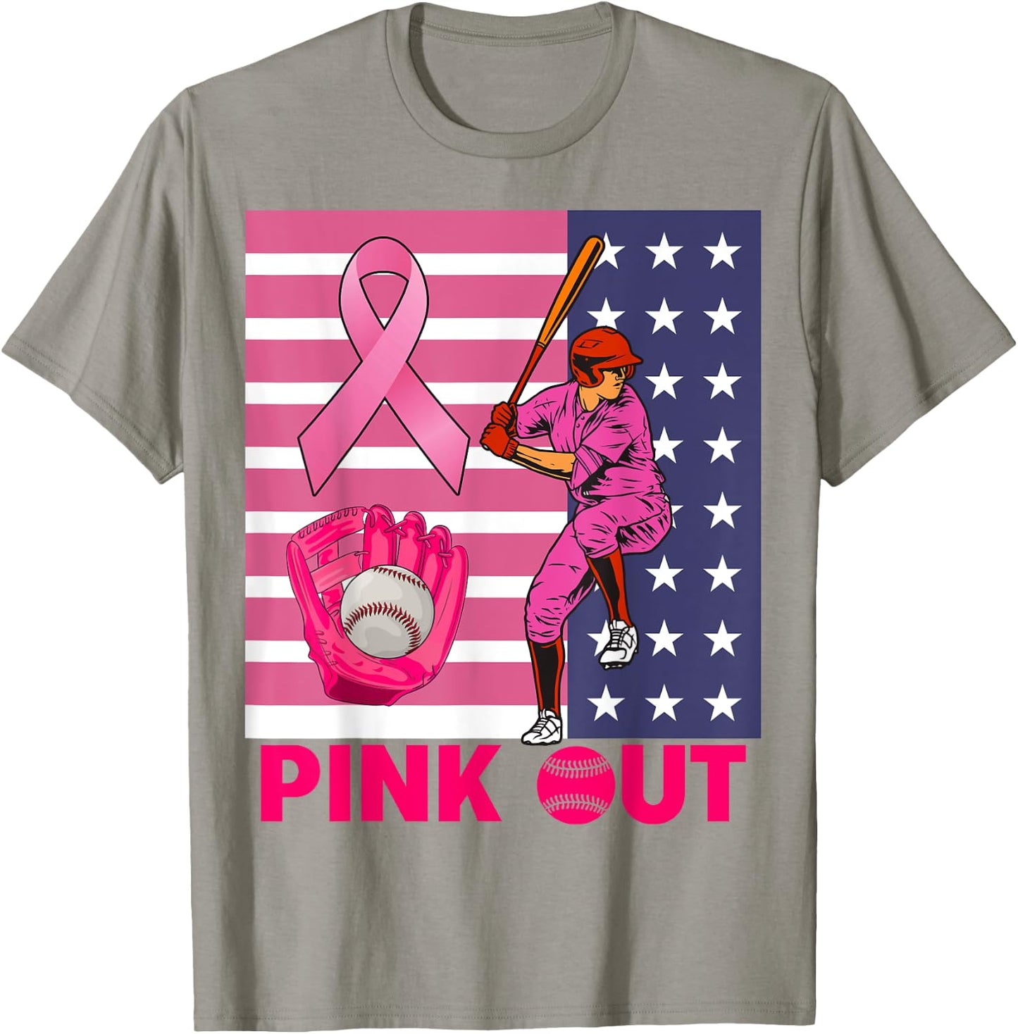 Pink Out Ribbon Baseball Breast Cancer Awareness T-Shirt - T-Shirt | Sand