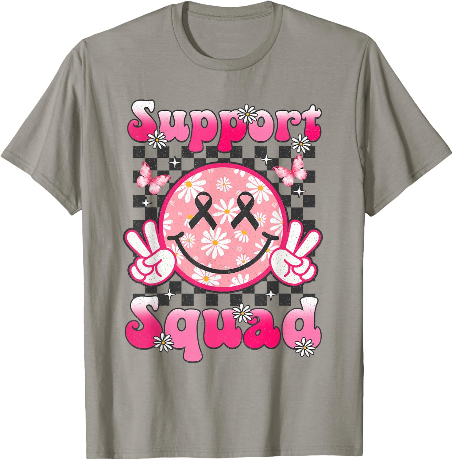 Support Squad Breast Cancer Awareness Smile Face Pink Ribbon T-Shirt - T-Shirt | Sand