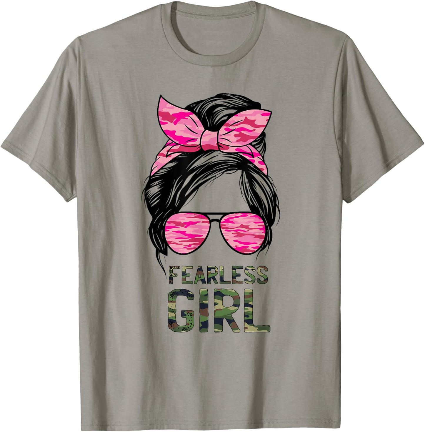 Fearless Girl Camo Green Camoflauge Pink Messy Burn Hair T-Shirt - T-Shirt | Sand