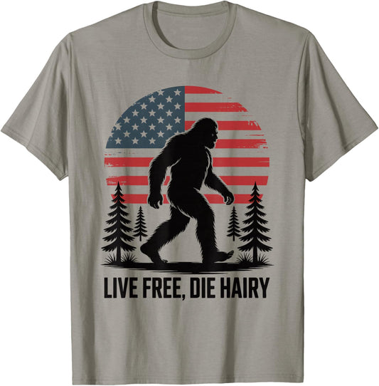 Funny Bigfoot American Flag Live Free Die Hairy Sasquatch T-Shirt - T-Shirt | Sand