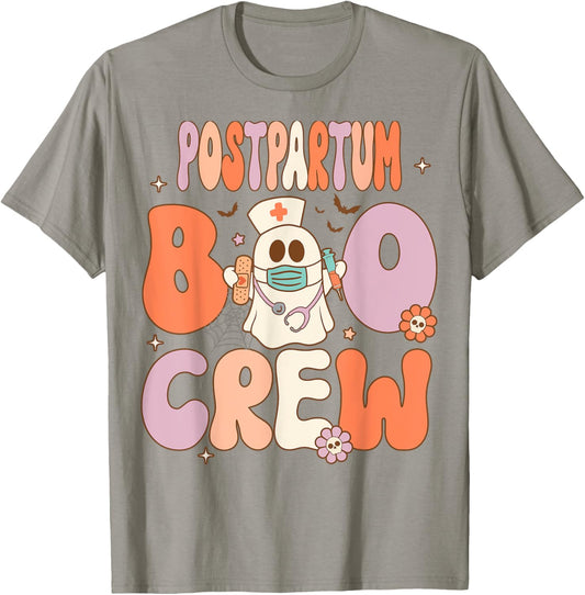 Postpartum Nurse Boo Crew Halloween Mother Baby Nurse T-Shirt - T-Shirt | Sand