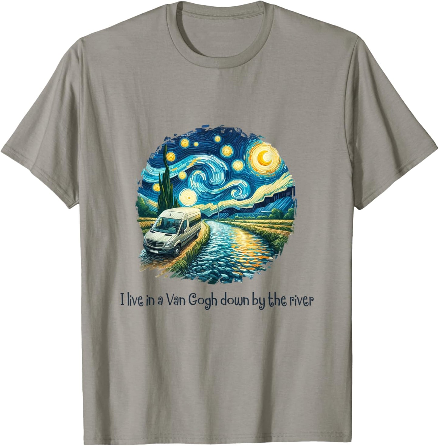 Vintage Retro I live in Van-Gogh down the river outdoor camping hiking , Small, Grey T-Shirt - T-Shirt | Sand
