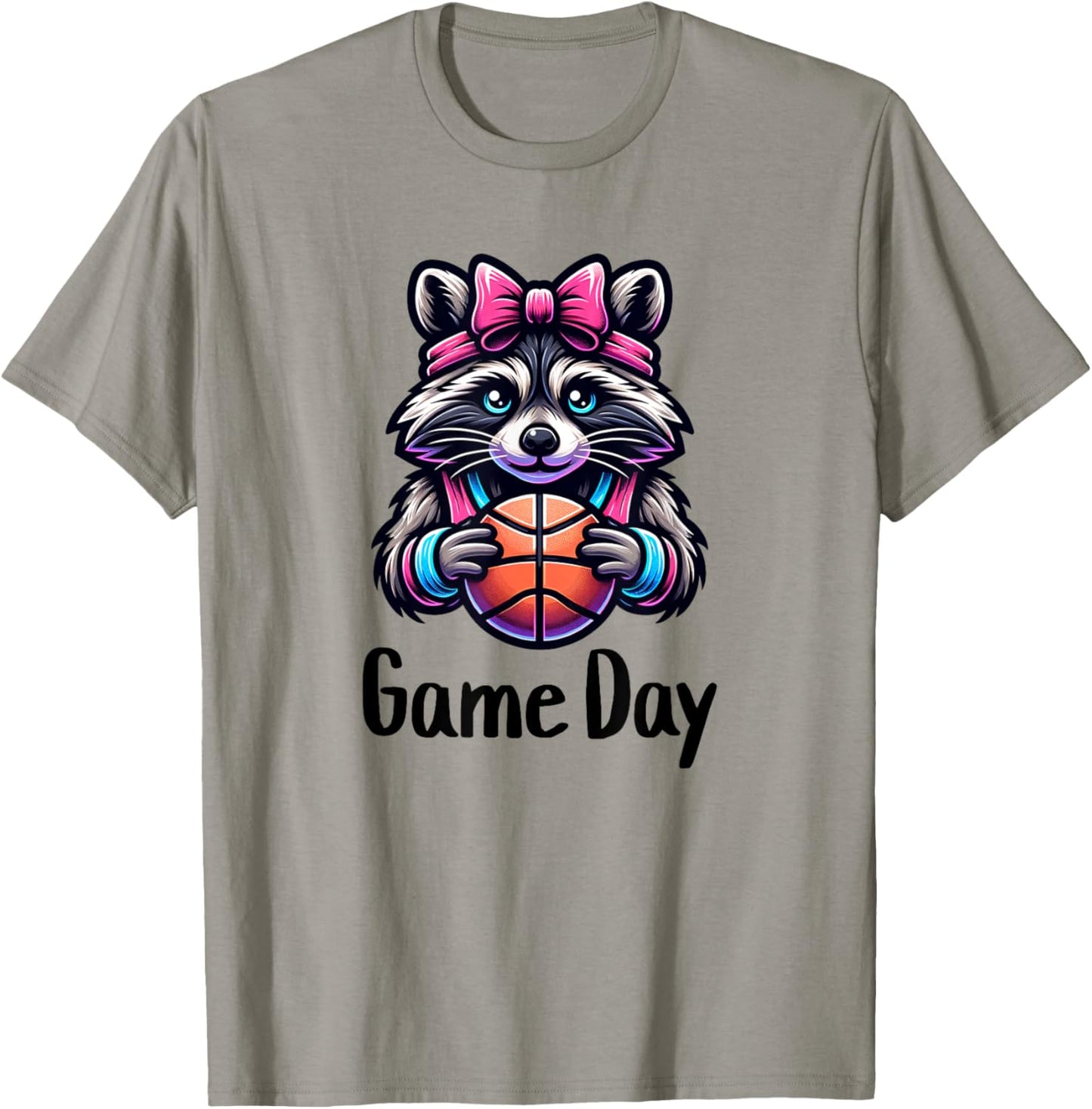 Basketball Raccoon Coquette Bow Game Day for Girls and Women T-Shirt - T-Shirt | Sand