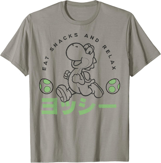 Super Mario Yoshi Eats Snacks And Relax Kanji Portrait T-Shirt - T-Shirt | Sand