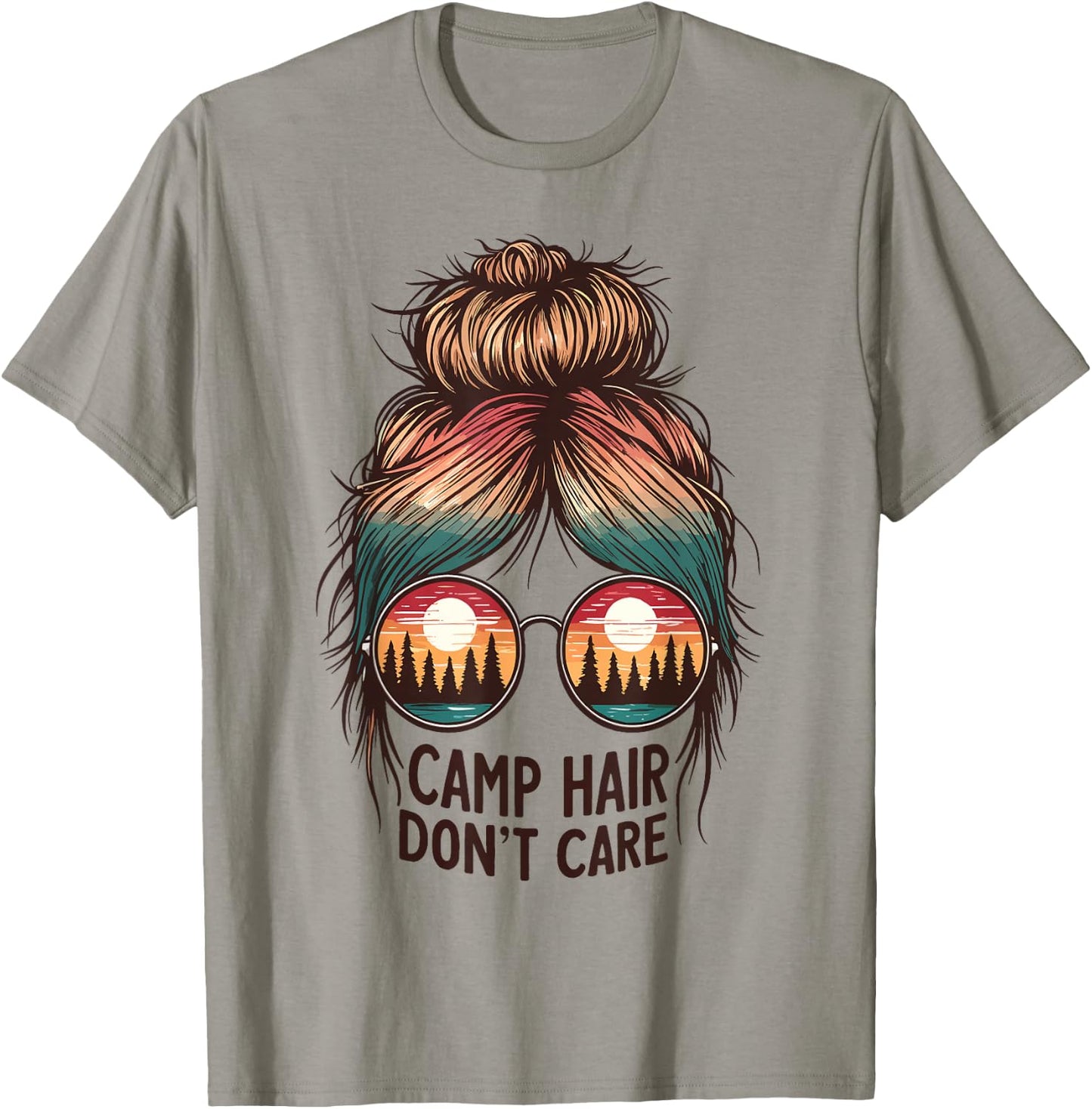 Camp Hair Don't Care Messy Bun Funny Camping Camper Women T-Shirt - T-Shirt | Sand