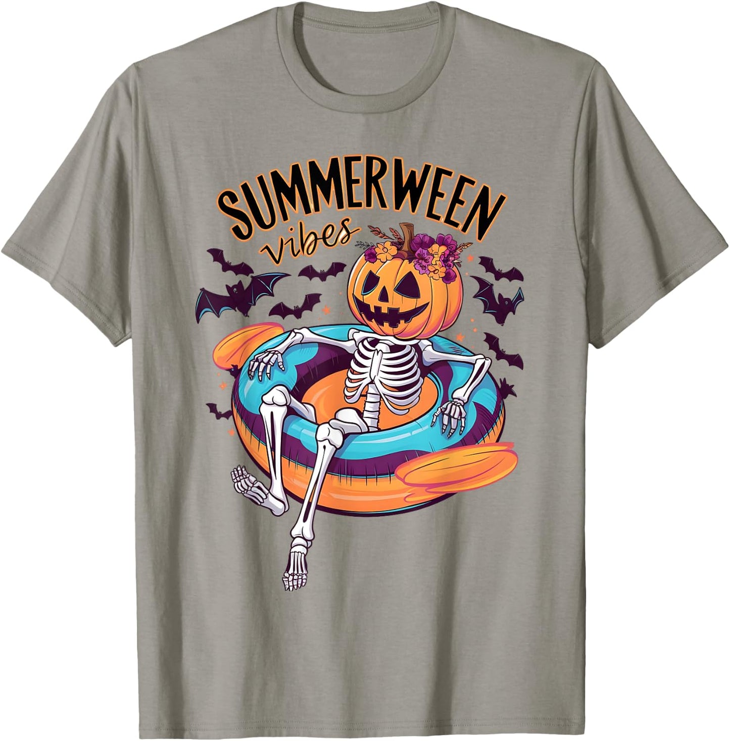 Summerween Vibes Skeleton Pumpkin Summer Vacation Men Women Kids T-Shirt - T-Shirt | Sand