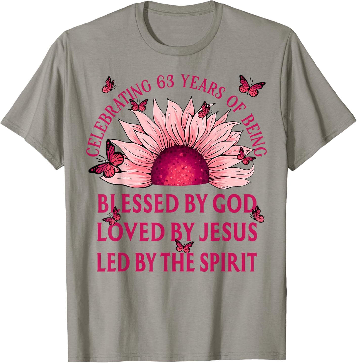 Blessed By God For 63 Years Pink Sunflower Birthday T-Shirt - T-Shirt | Sand