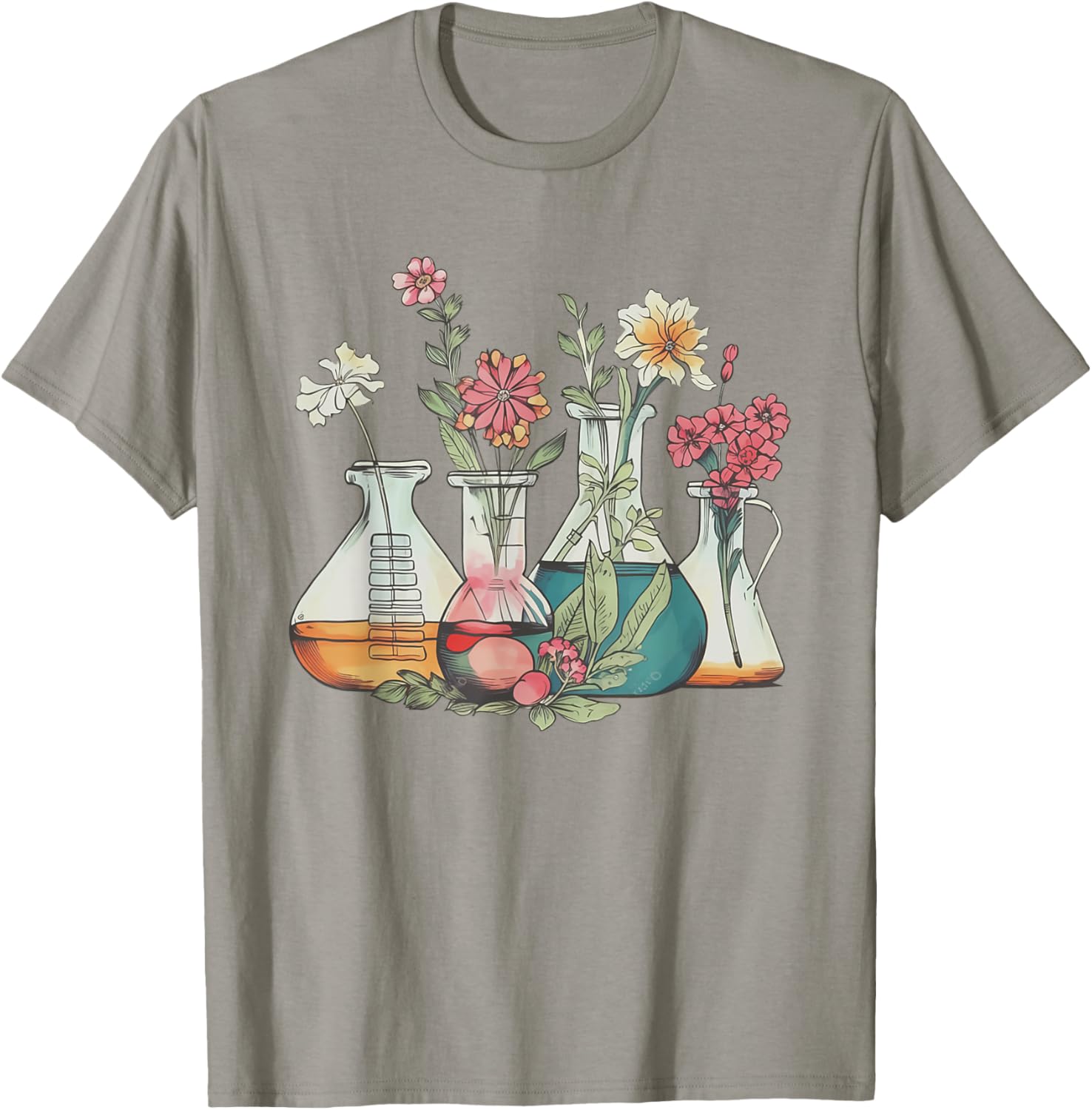 Floral Beakers Chemistry Lab Scientist Chemist Med Lab Tech T-Shirt - T-Shirt | Sand