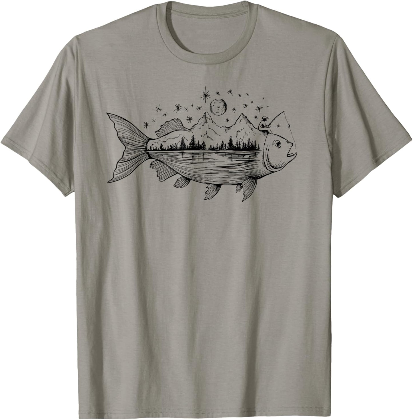 Cool Fish Shaped from Mountains Nature Scene Fishing T-Shirt - T-Shirt | Sand