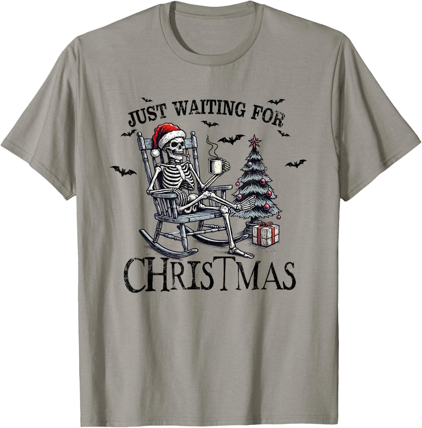 Just Waiting For Christmas Holiday Funny Skeleton Christmas T-Shirt - T-Shirt | Sand