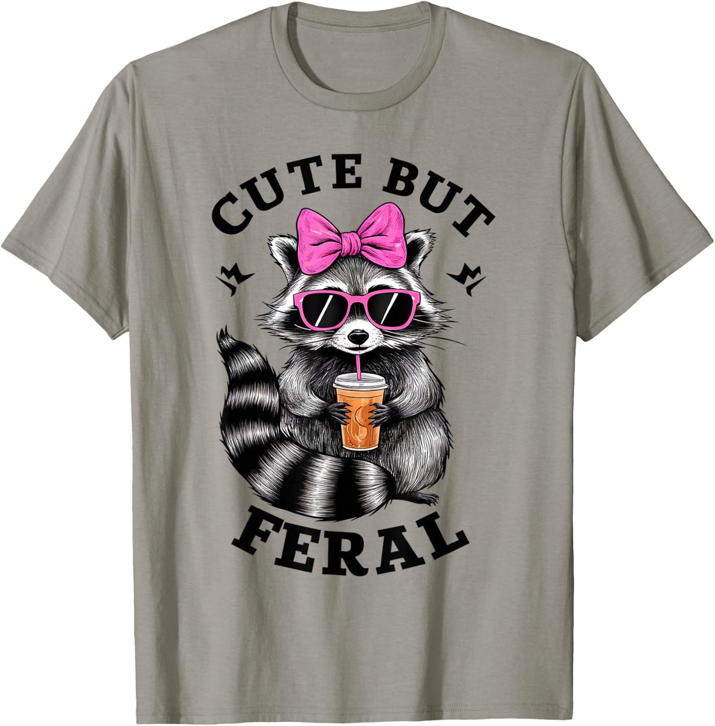Cute But Feral Funny Colorful Racoon With Sunglasses Racoon , Small, White T-Shirt - T-Shirt | Sand