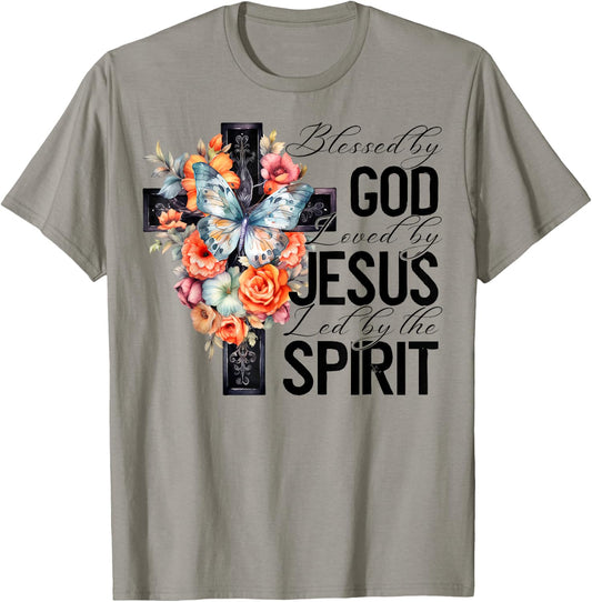 Blessed By God Loved By Jesus Floral Cross Faith Christian T-Shirt - T-Shirt | Sand