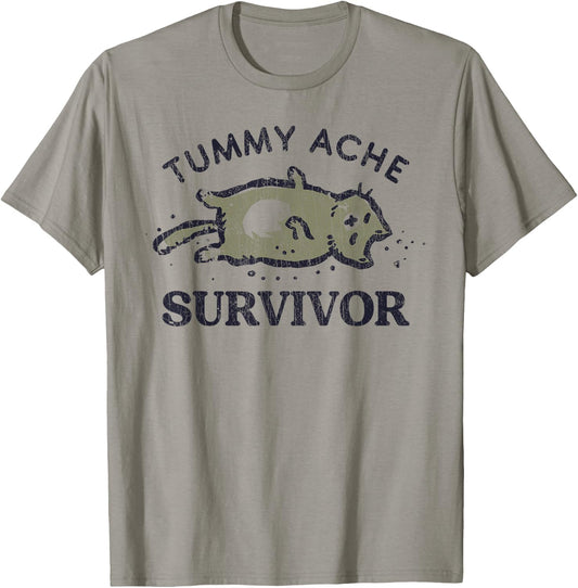 Tummy Ache Survivor Funny Cat Graphic T-Shirt - T-Shirt | Sand