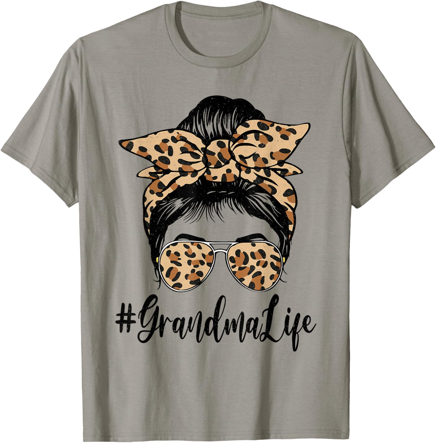 Funny Grandma Life Bleached Leopard Messy Bun Mother's day T-Shirt - T-Shirt | Sand
