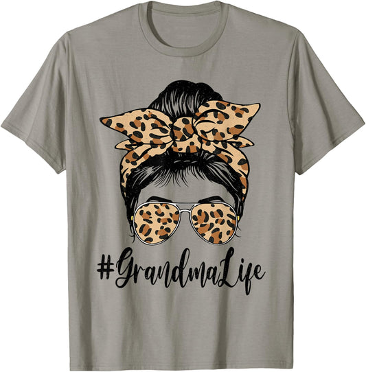 Funny Grandma Life Bleached Leopard Messy Bun Mother's day T-Shirt - T-Shirt | Sand