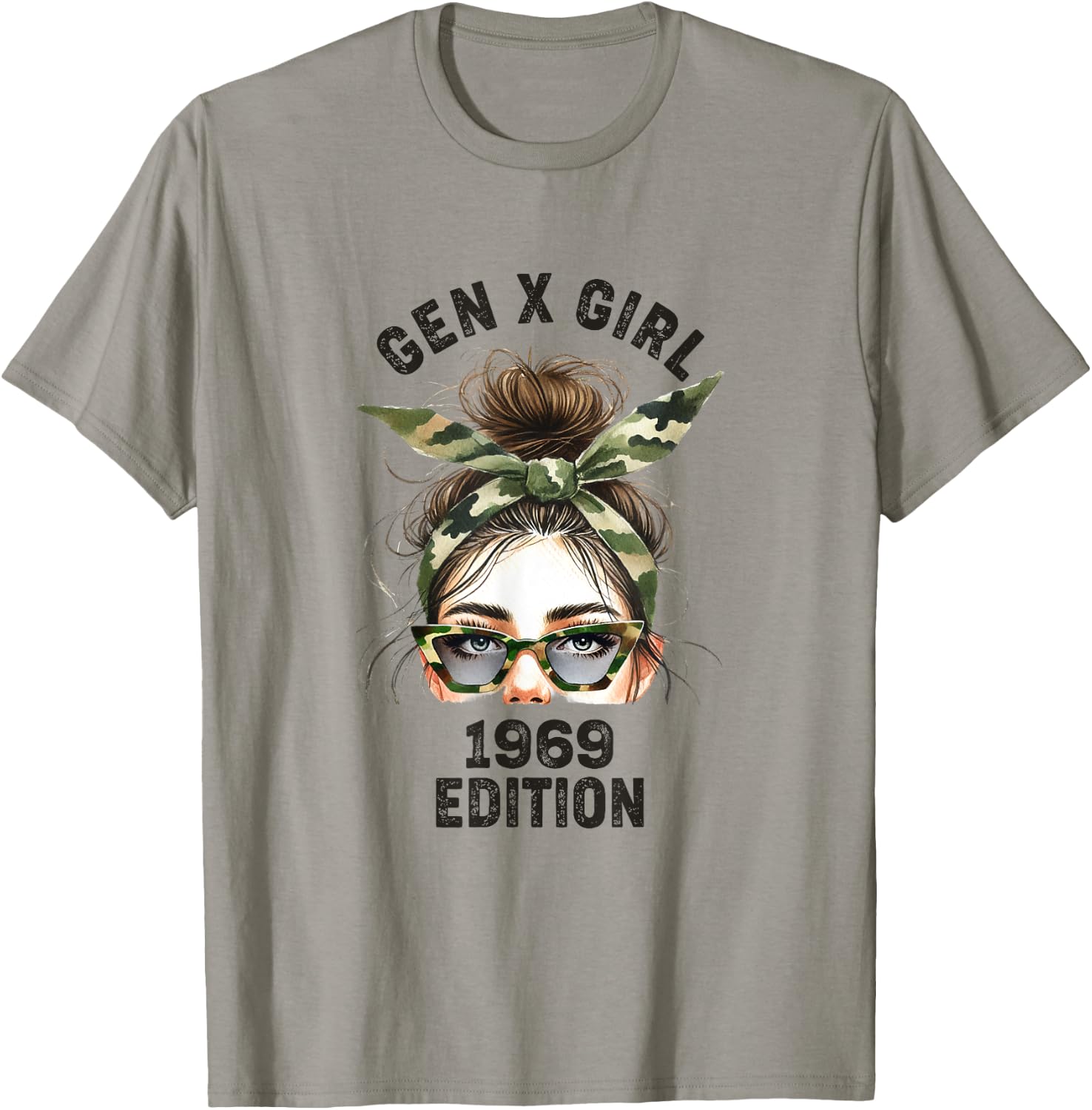 Gen X Girl 1969 Edition Retro Camouflage Headband messy bun T-Shirt - T-Shirt | Sand