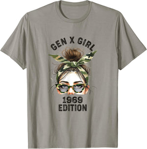 Gen X Girl 1969 Edition Retro Camouflage Headband messy bun T-Shirt - T-Shirt | Sand