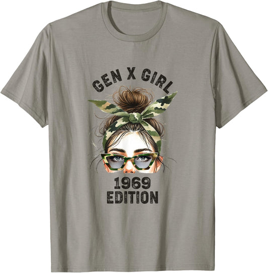 Gen X Girl 1969 Edition Retro Camouflage Headband messy bun T-Shirt - T-Shirt | Sand