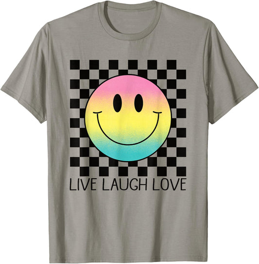 Live Laugh Love Retro Rainbow Happy Face Shirt Aesthetic 70s T-Shirt - T-Shirt | Sand