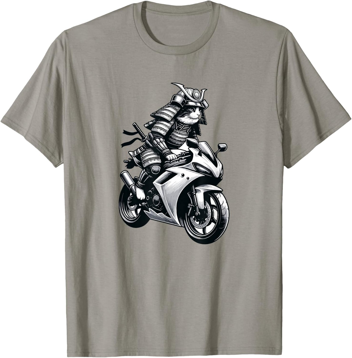 Japanese Samurai Ninja Cat Riding a Motorcycle Crotch Rocket Men Women T-Shirt - T-Shirt | Sand