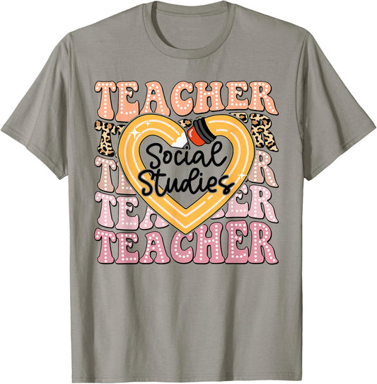 Social Studies Teacher Pencil Heart Leopard Back To School T-Shirt - T-Shirt | Sand