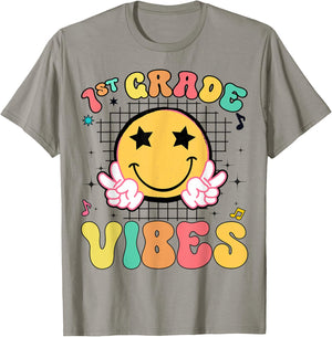 Girls 1st Grade Vibes Smile Face Back to School First Grade T-Shirt - T-Shirt | Sand