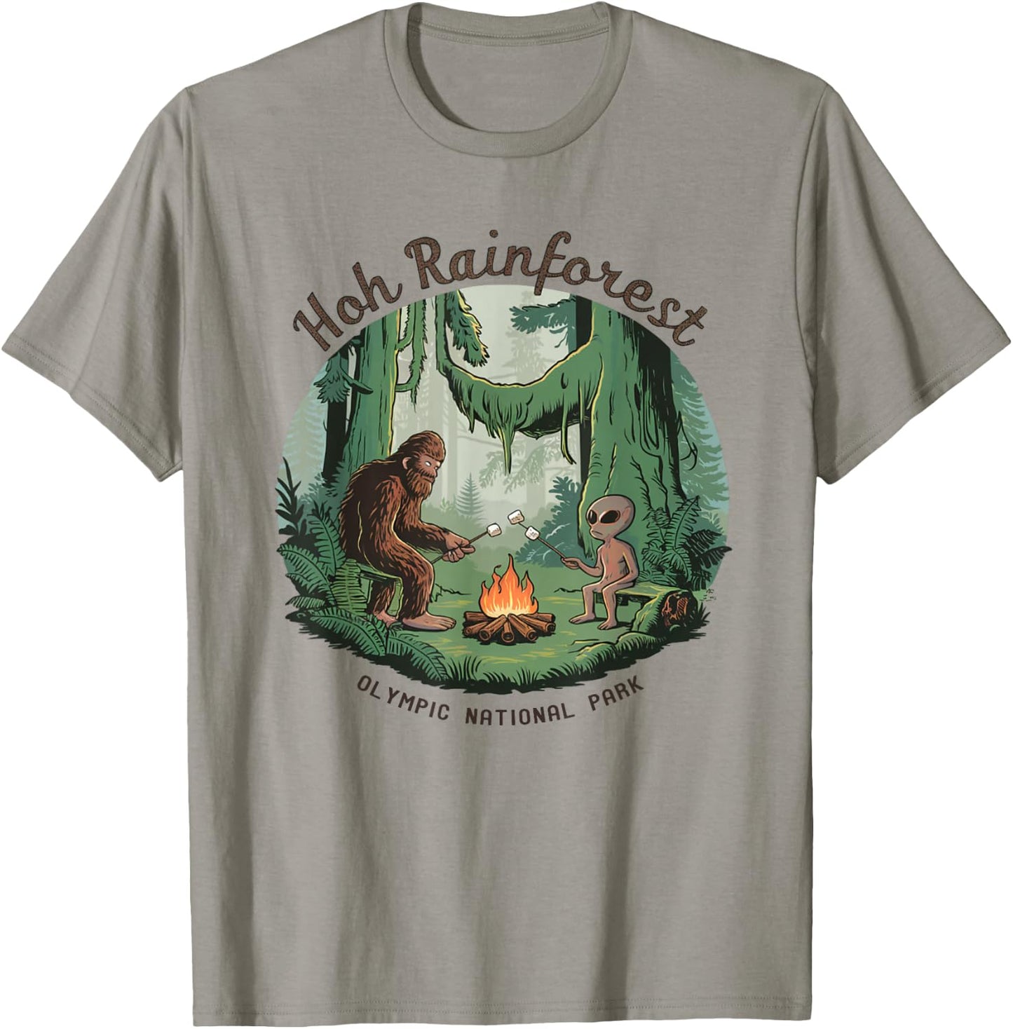 Funny Bigfoot & Alien Gifts And Shirts Bigfoot & Alien Camping Hoh Rainforest Olympic National Park -Adults Kids White Short Sleeve Classic Fit Cotton Blend Machine Wash Size Small T-Shirt - T-Shirt | Sand