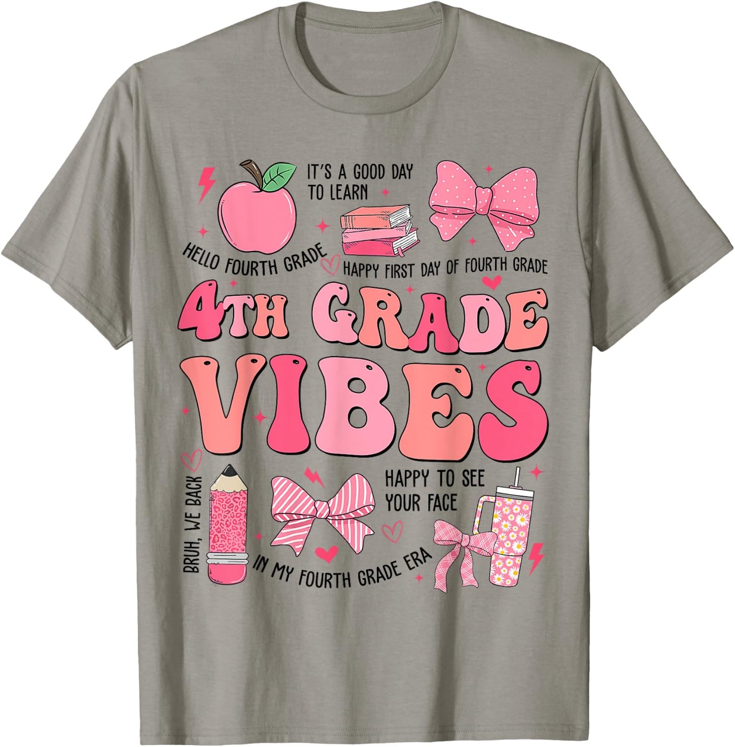 Girls 4th Grade Vibes Coquette Bow Back to School Teacher T-Shirt - T-Shirt | Sand