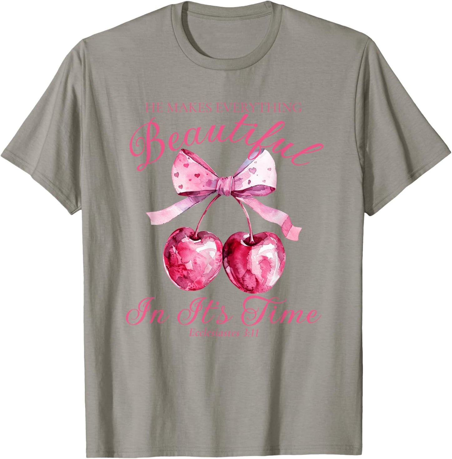 Crochet Pink Bow Cherry Bible Verse Jesus Coquette Christian T-Shirt - T-Shirt | Sand