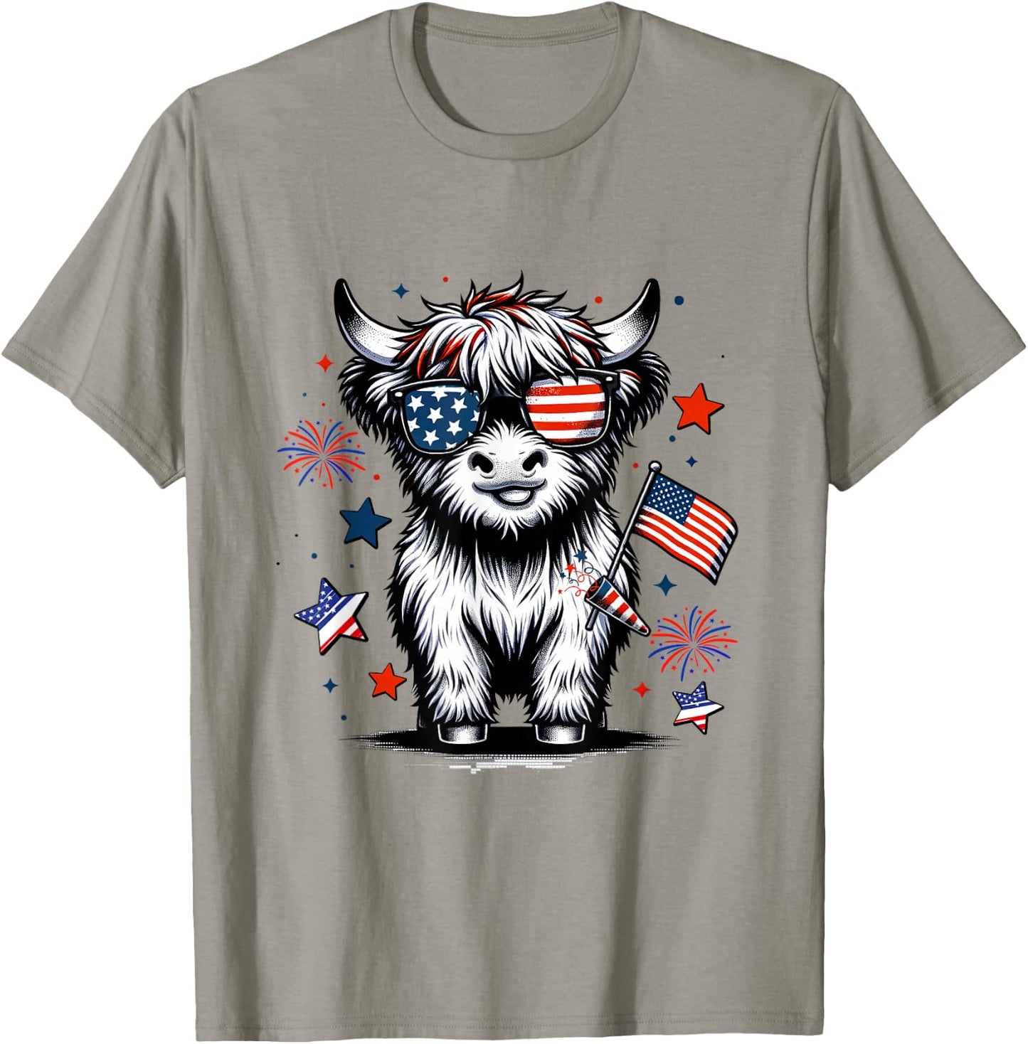 Cute Highland Cow 4th of July USA Flag Patriotic Cow Farmer T-Shirt - T-Shirt | Sand