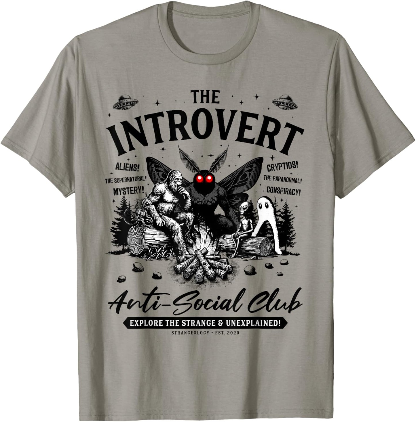 The Introvert Social Club Bigfoot Mothman Alien Creature T-Shirt - T-Shirt | Sand