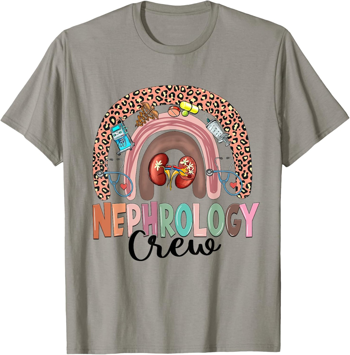 Nephrology Crew Rainbow Kidney Leopard Nephrology Nurse T-Shirt - T-Shirt | Sand