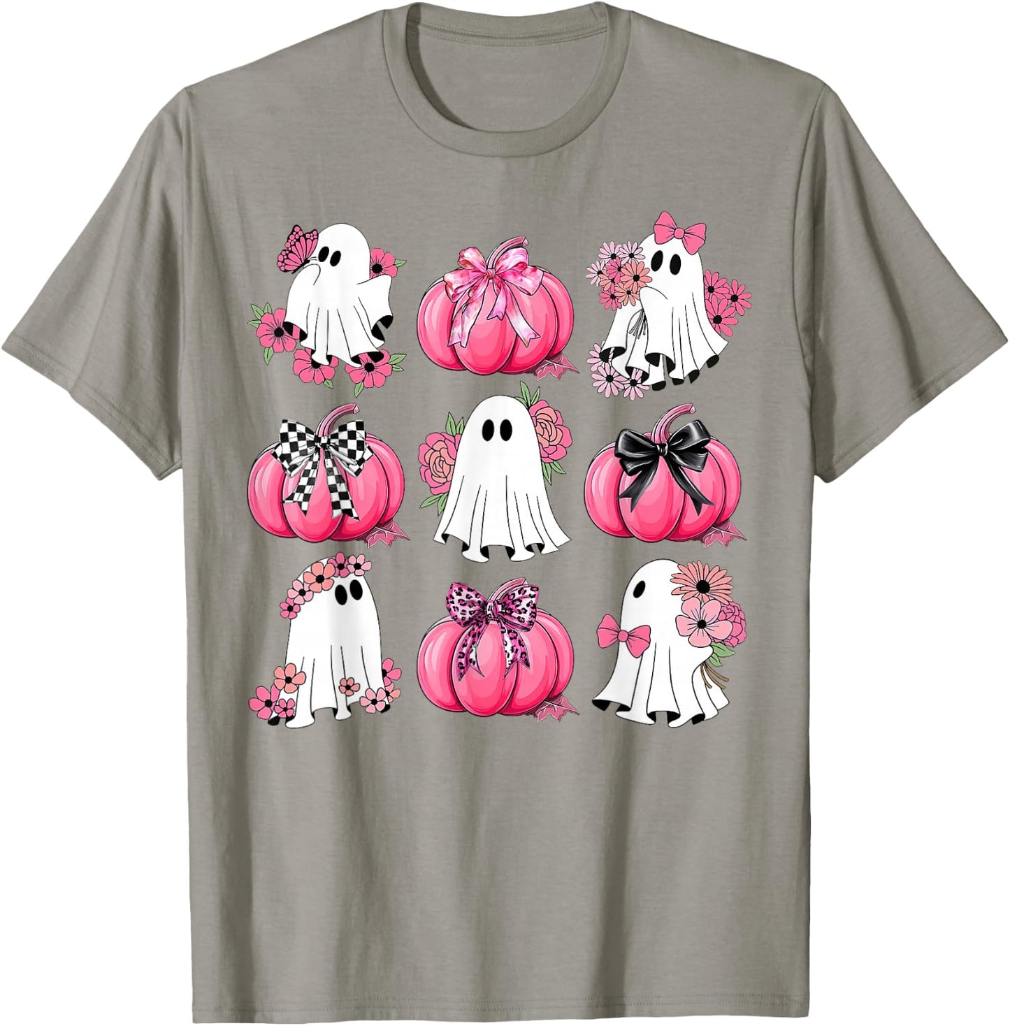 Cute Ghost Florals Pink Coquette Bows Pumpkins Halloween T-Shirt - T-Shirt | Sand