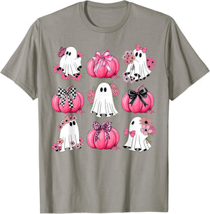 Cute Ghost Florals Pink Coquette Bows Pumpkins Halloween T-Shirt - T-Shirt | Sand