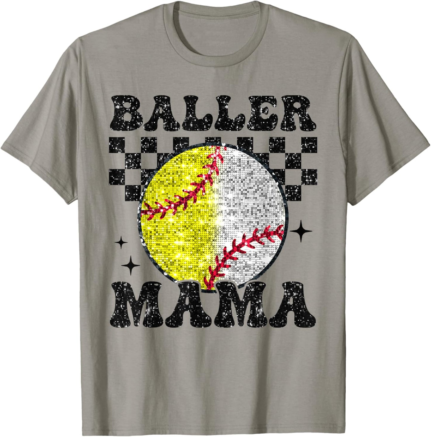 Baller Mama Checkered Retro Proud Softball Baseball Player T-Shirt - T-Shirt | Sand