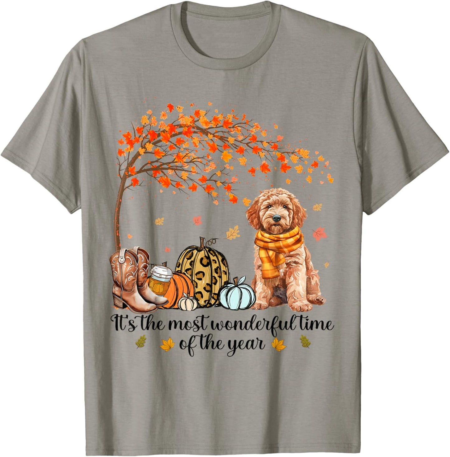 It’s The Most Wonderful Time Goldendoodle Pumpkins Autumn T-Shirt - T-Shirt | Sand